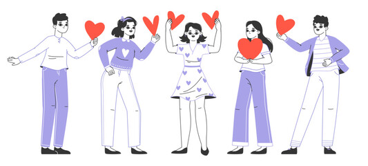 Flat people carrying and holding hearts. Love sharing, characters in love, standing together with hearts in hands flat vector illustration. Valentines day, love share concept