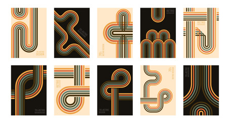 Vintage stripes 70s backgrounds, retro colours posters. Halftone texture, striped pattern covers template flat vector background set. Abstract retro banner collection © GreenSkyStudio