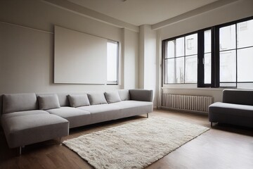 Fototapeta na wymiar Stylish studio apartment interior with comfortable beige sofa