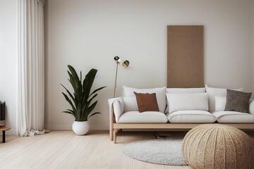 Mock up frame in home interior background, beige room in Scandi Boho style, 3d render