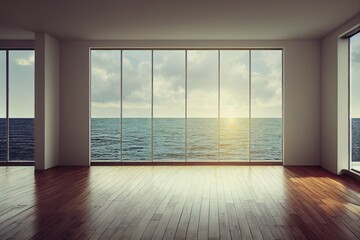 Fototapeta premium Modern interior Living room sea view summer 3d rendering. empty room wood floor with window