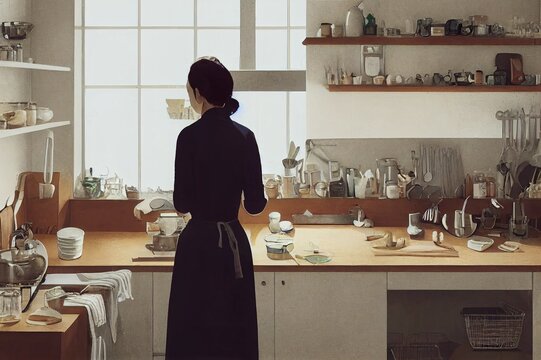 Woman working in her kitchen from home in a modern scandinavian kitchen