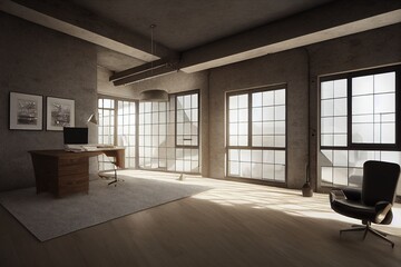 Modern home office interior in loft, industrial style, 3d render