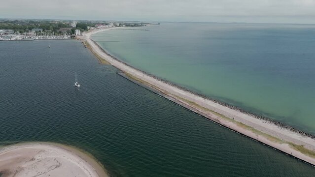 Drone flying over Fehmarn island with the turquoise water view of the Baltic Sea, aerial