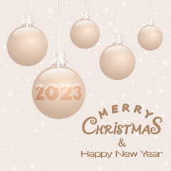 Naklejka premium Set of Christmas tree balls hang on ribbons with a bows on pastel background with snowflakes. Merry Christmas card for the year 2023. Vector illustration for New Year, Xmas and winter holidays