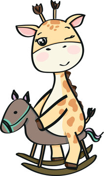 Kawaii baby giraffe playing horse illustration