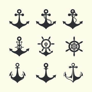set icon anchor vintage vector template design, nautical style logo illustration