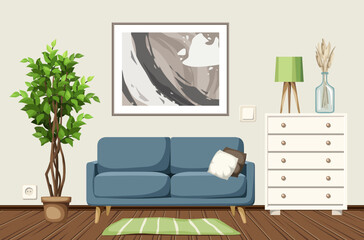 Living room interior design with a blue sofa, a ficus tree, and a big abstract painting. Cartoon vector illustration