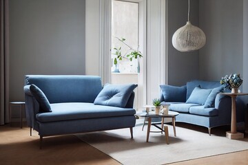 Blue armchair next to a grey sofa, wicker pouf and lamps in a living room interior. Real photo