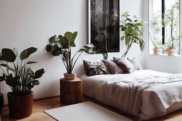 Stylish room interior with beautiful plants. Home design idea
