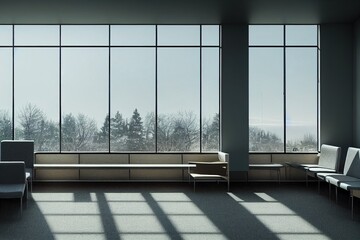 Fototapeta na wymiar Modern waiting room interior. The panoramic window opens a picturesque countryside view. The cozy grey couch harmonizes with the dark wall. Wonderful place for meeting. 3d rendering. Copy space