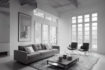 Grey and white loft interior with couch, dresser and chair