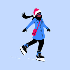 happy woman ice skating at winter wonderland. smiling young woman with Santa hat , coat and bag iceskating during Christmas holiday season. person with hockey skates 