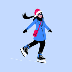Obraz premium happy woman ice skating at winter wonderland. smiling young woman with Santa hat , coat and bag iceskating during Christmas holiday season. person with hockey skates 