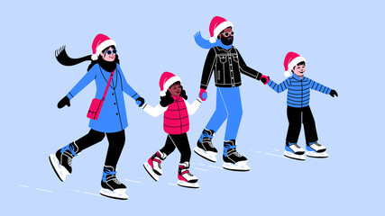 Fototapeta na wymiar happy mixed family ice skating during winter wearing Santa hats and outdoor winter clothes. family Christmas activity winter wonderland. winter sports together