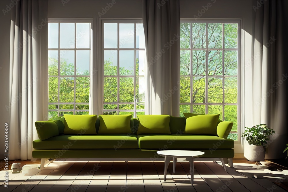 Wall mural White room with sofa and green landscape in window. Scandinavian interior design. 3D illustration