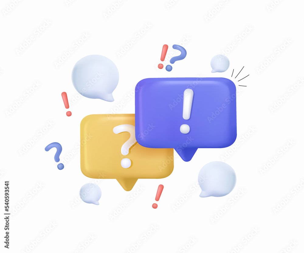 Poster 3d q&a speech bubble with question and exclamation mark icon. talk message box with question sign. f