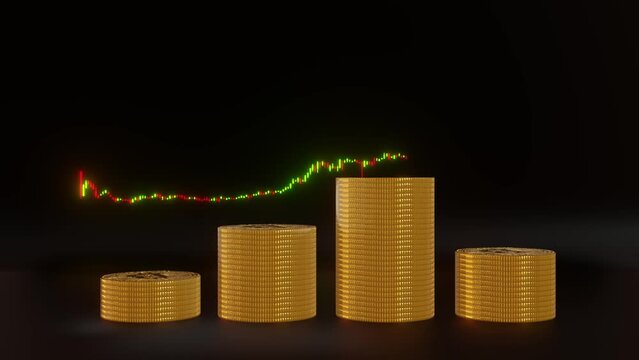 3D Coins with a money-saving concept and a profit graph of corporate finance in a piggy bank with money boxes for future tourist, house, and retirement funds on a blurred background.