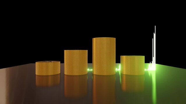 3D Coins with a money-saving concept and a profit graph of corporate finance in a piggy bank with money boxes for future tourist, house, and retirement funds on a blurred background.