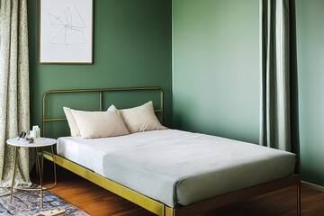 Simple poster hanging above bed with many cushions and green blanket standing in bedroom interior with golden furniture
