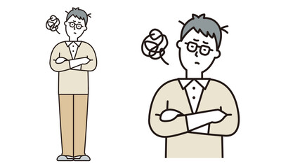 腕組みして悩んでいるお父さんのイラスト素材。