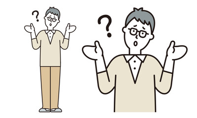 首を傾げてWhy?のポーズをするガッツポーズをしているお父さんのイラスト素材。