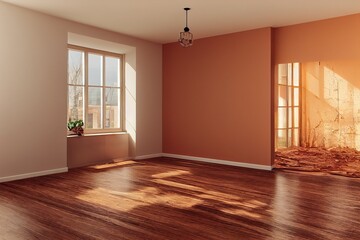 Obraz premium empty room with hardwood floor and old wall 3D rendering