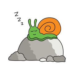 Illustration vector graphic Kids drawing style funny cute snail sleeping on a rock in a cartoon style.