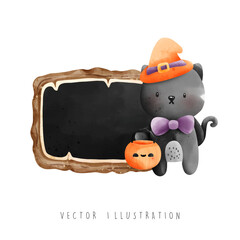 Fototapeta premium happy halloween animal with wooden frame, vector illustration