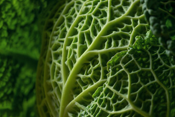 Head of Savoy cabbage close up. Patterned surface of green leaves with many details.