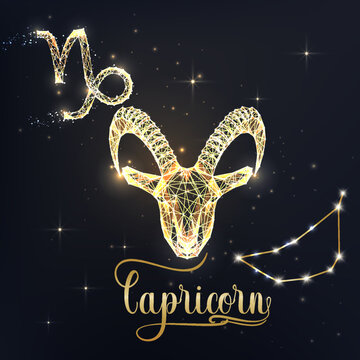 Gold Capricorn zodiac sign poster with goat zodiac figure, symbol glyphs, constellation and name