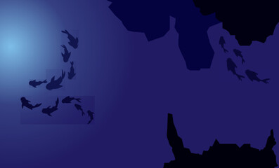 Deep ocean background with blue salt water and fish silhouette