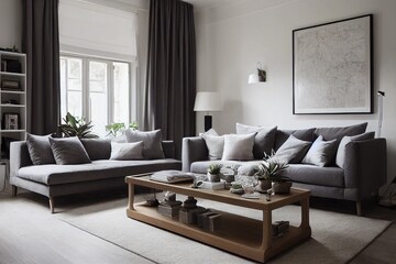 Cozy interior with stylish sofa, grey coffee table, bookcase, plants, carpet, decoration, copy space and elegant personal accessories. Neutral living room in classic house. Template.