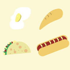 fast food collection flat design, pizza, sausage, taco, bread, meat and etc