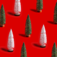 Pattern with shining Christmas tree white and green color on red background. Minimal New Year layout with mini festive fir, xmas decor ornament, winter holiday concept