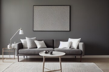 Table with home decor on grey wall background