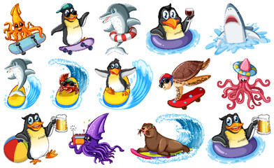 Set of various sea animals cartoon characters
