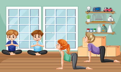 People doing yoga in yoga studio scene