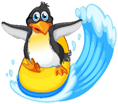Cute penguin cartoon character surfing