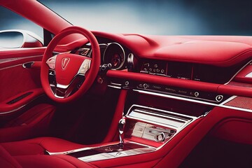 Fototapeta premium Red luxury modern car Interior. Steering wheel, shift lever and dashboard. Detail of modern car interior. Automatic gear stick. Part of leather seats with stitching in expensive car