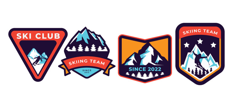 Set of ski patrol, ski resort, ice mountain badges and logo patches. Winter holidays extreme sports logo.