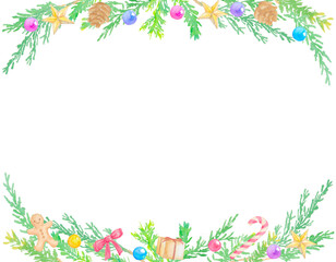 もみの木の枝とクリスマスの飾りのフレーム。水彩絵の具で描いた素材。