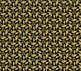 Floral black and golden ornament. Seamless abstract classic background with flowers. Pattern with repeating floral elements. Ornament for fabric, wallpaper and packaging