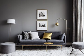 Stylish concept of living room interior with gold lamp, design grey sofa, mock up picture frame, books, plant, carpet, rattan pouf, pillow, plaid and elegant accessories in home decor.