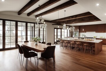 Fototapeta premium Beautiful Dining Room and Kitchen in New Luxury Home at Sunrise. House features Wood Beam Ceiling, Furnished Interior, Pendant Light Fixtures, Dining Room Table, Kitchen Island, and Hardwood Floors.