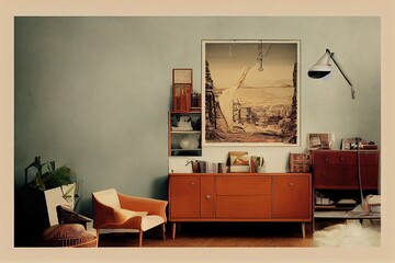 Vintage living room interior with retro furniture and poster on the cabinet, real photo with copy space on the white wall
