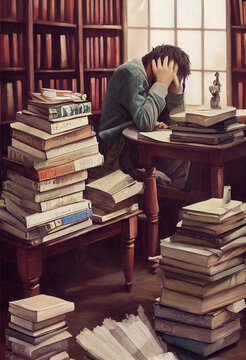 Tired Student  studying with a huge pile of books. Stressed and depressed man. Tired man in a bookstore 