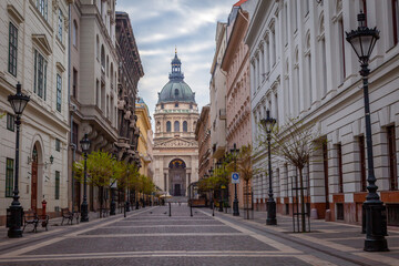 Zrinyi utca street and Saint Stephens Basilica in central Budapest, Hungary