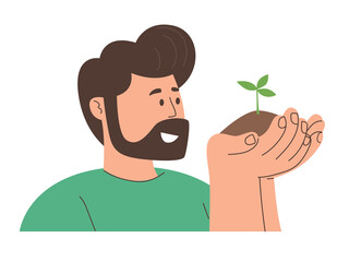 Man with hands that hold the soil with a seedling