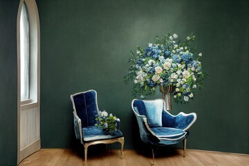 Green armchair against the wall with silver painting in navy blue living room interior with flowers